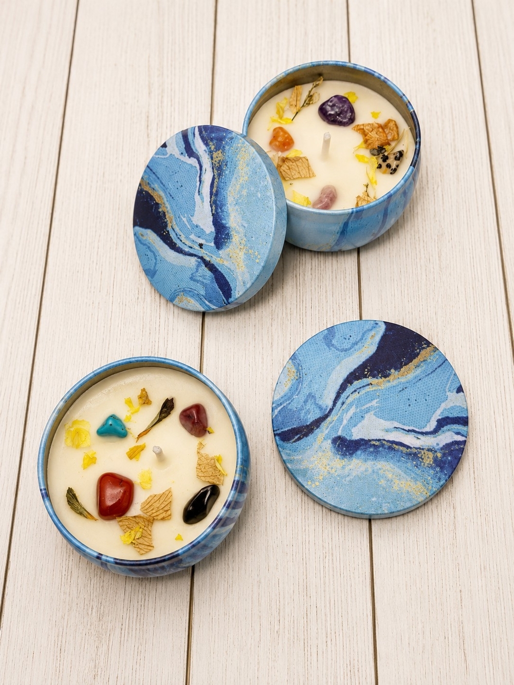 2 Blue Marble Scented Tin Candles with Gem Accents